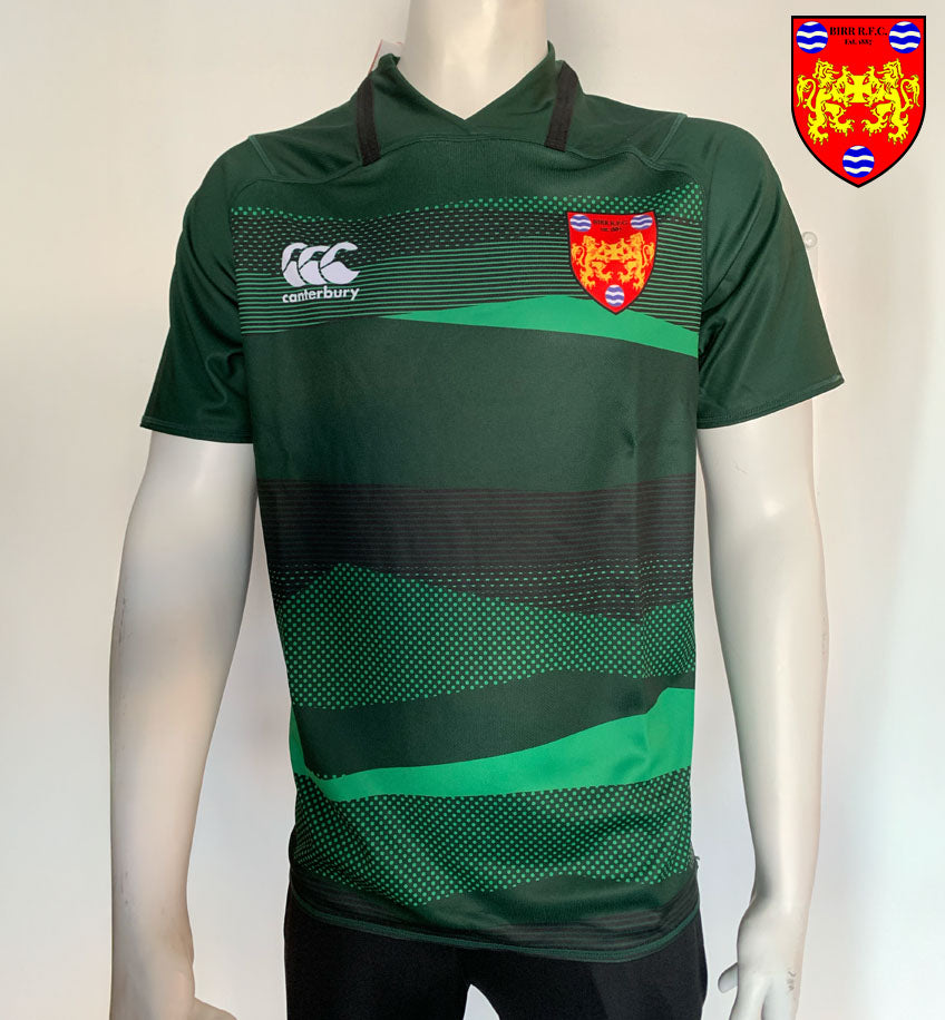 Mannequin wearing the Canterbury Birr RFC Supporters Jersey, demonstrating its comfortable fit and vibrant design, essential for any Birr rugby fan.