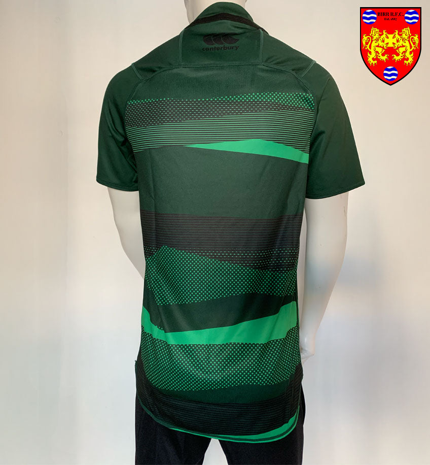 Backside view of the Canterbury Birr RFC Supporters Jersey emphasizing the contemporary design in green and black, great for showing team spirit in Birr Rugby.