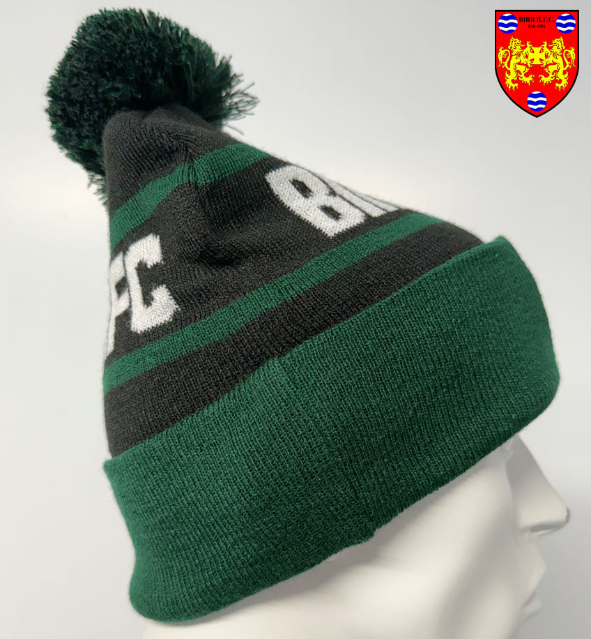 Side view of the Birr RFC Official Bobble Hat available at Team Wear Store.ie, showcasing the vibrant green and black design, symbolising loyalty to Birr RFC and Birr Rugby.