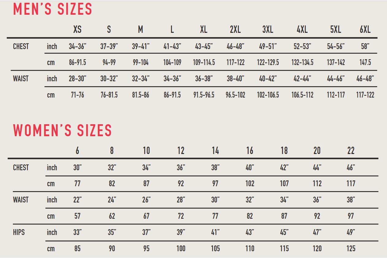 Canterbury Size chart guide