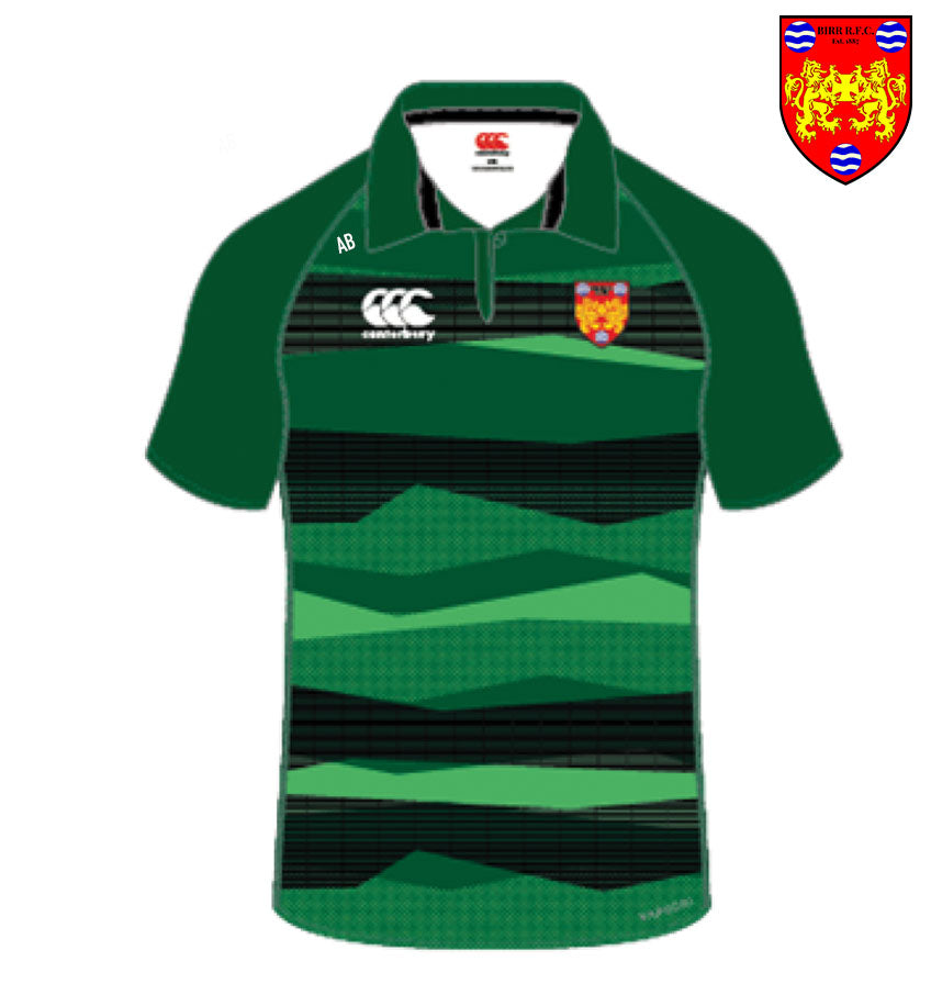 Front view of the Canterbury Birr RFC Supporters Jersey featuring a modern design in green and black with the iconic Birr RFC crest, perfect for fans of Birr Rugby.