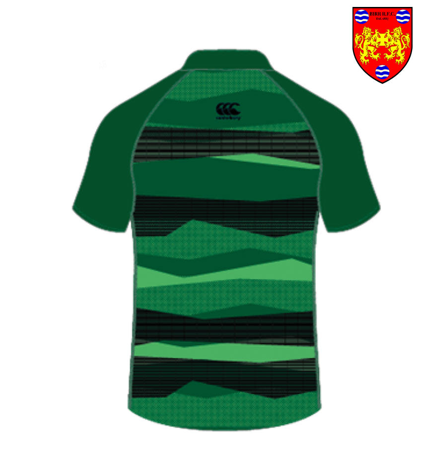 Front view of the Canterbury Birr RFC Supporters Jersey featuring a modern design in green and black with the iconic Birr RFC crest, perfect for fans of Birr Rugby.