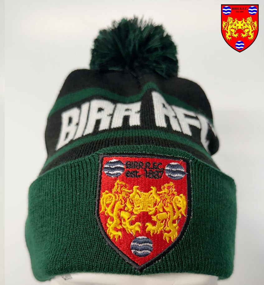 Birr RFC Official Bobble Hat from Team Wear Store.ie featuring the club's name and emblem, perfect for showing support for Birr RFC, Birr Rugby, and the local community.