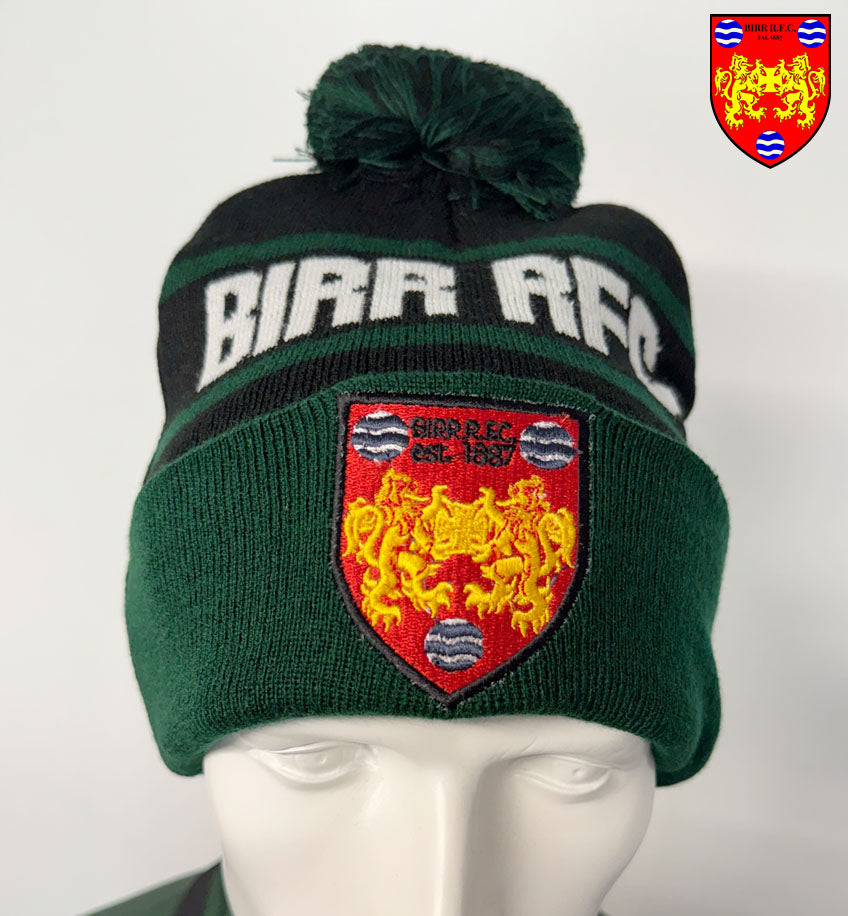 Stylish Birr RFC Official Bobble Hat showcased by Team Wear Store.ie, highlighting the embroidered club crest, ideal for fans of Birr RFC and Irish rugby.