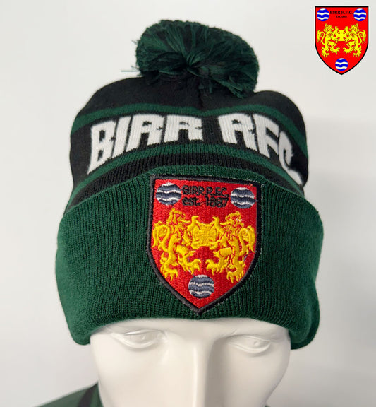 Stylish Birr RFC Official Bobble Hat showcased by Team Wear Store.ie, highlighting the embroidered club crest, ideal for fans of Birr RFC and Irish rugby.