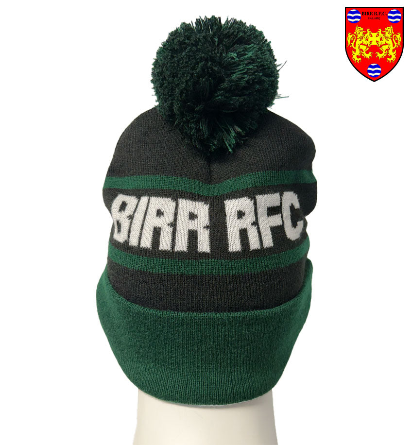Back view of the Birr RFC Official Bobble Hat by Team Wear Store.ie, displaying the prominent 'Birr RFC' branding, a must-have for supporters of Birr Rugby and the local team.