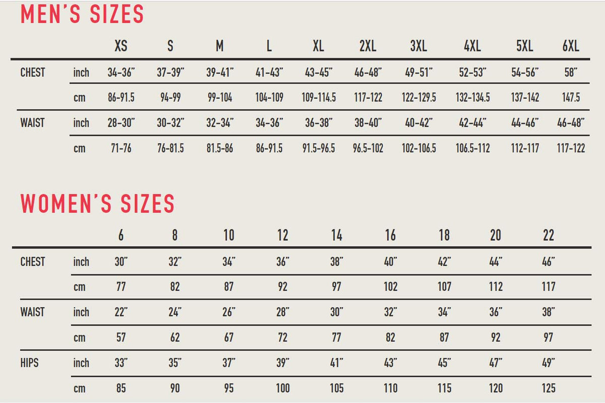 Canterbury Size chart guide