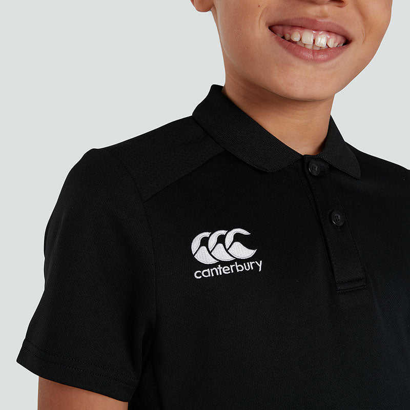 Canterbury Club Polo Model Close up blackBirr RFC Canterbury Club Black Kids Polo Shirt